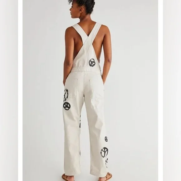 We the Free People Peace Sign Ziggy Harmony Overalls in White Medium Retail $128 - Picture 3 of 16